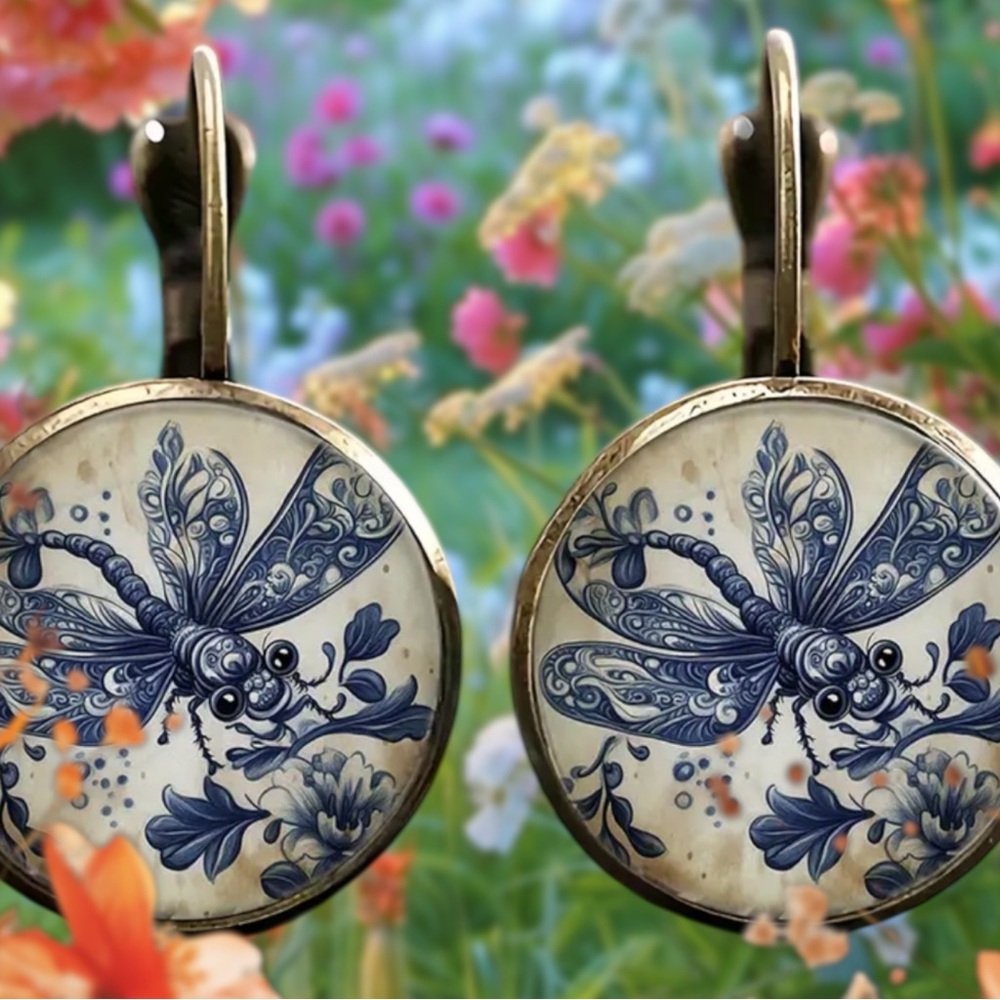 🆕 Artistisan - Blue and White - Dragonfly - Drop Earrings - Lever Back - Alloy